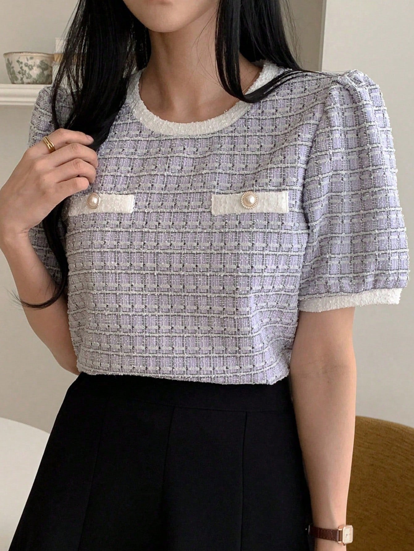 DAZY Camiseta casual de oficina para mujer de primavera/verano, tops lindos a cuadros