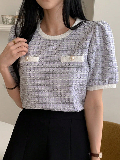 DAZY Camiseta casual de oficina para mujer de primavera/verano, tops lindos a cuadros