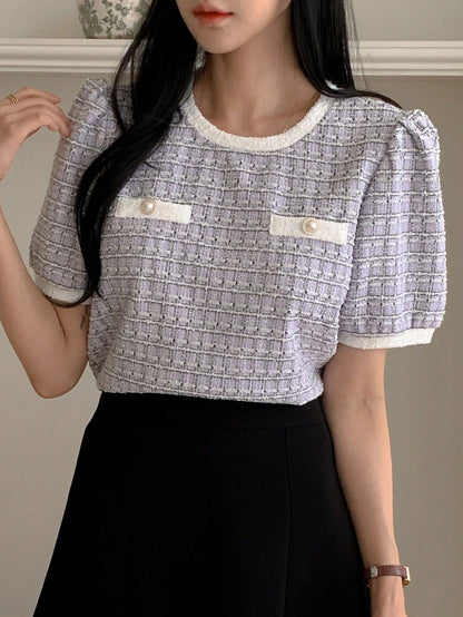 DAZY Camiseta casual de oficina para mujer de primavera/verano, tops lindos a cuadros