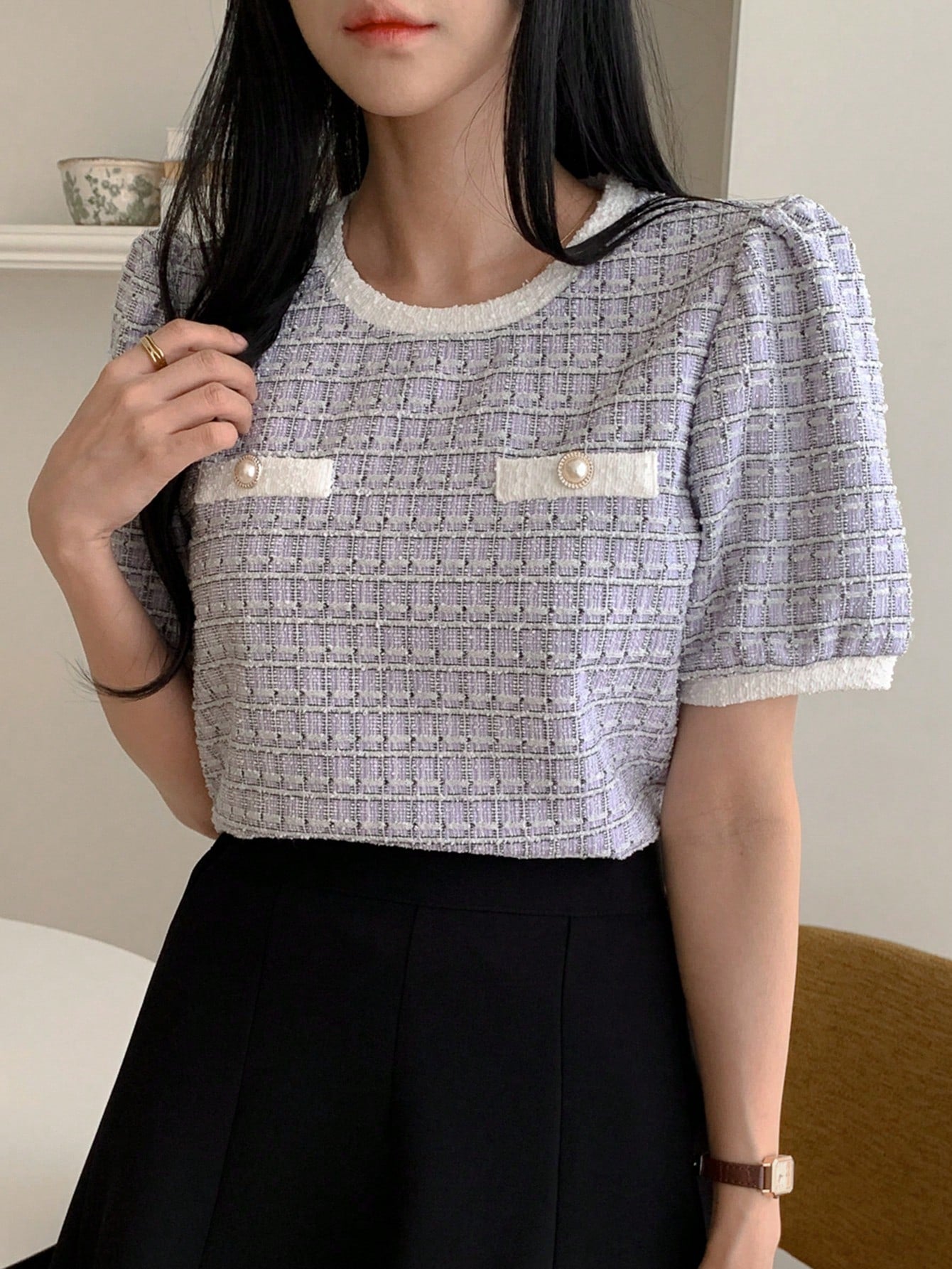 DAZY Camiseta casual de oficina para mujer de primavera/verano, tops lindos a cuadros