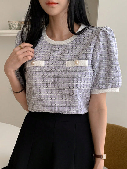 DAZY Camiseta casual de oficina para mujer de primavera/verano, tops lindos a cuadros