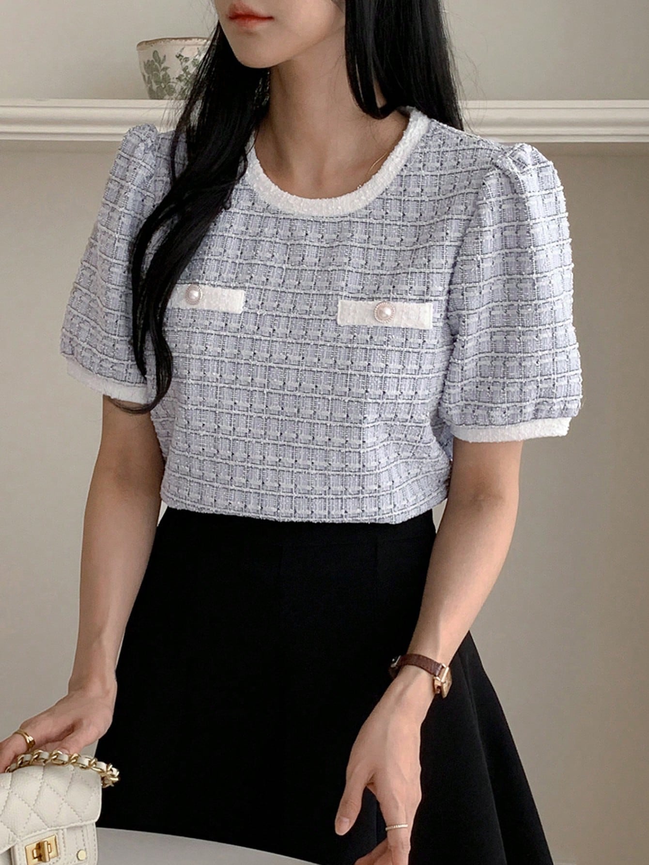 DAZY Camiseta casual de oficina para mujer de primavera/verano, tops lindos a cuadros