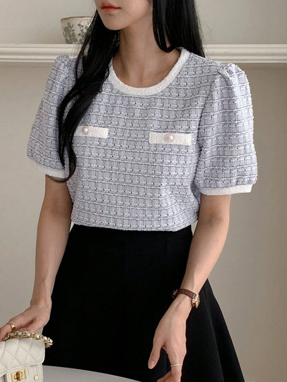 DAZY Camiseta casual de oficina para mujer de primavera/verano, tops lindos a cuadros