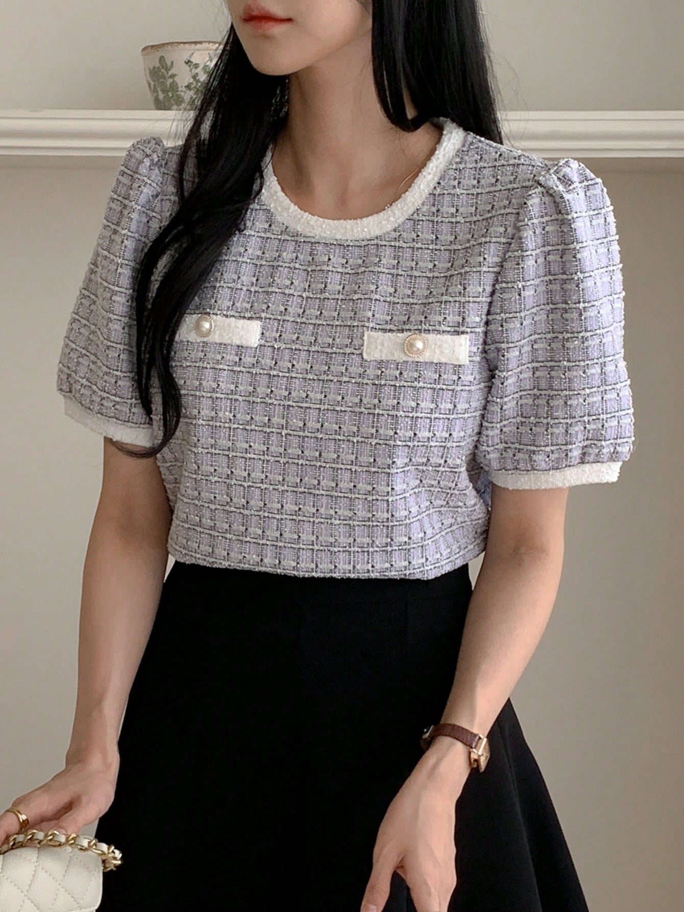 DAZY Camiseta casual de oficina para mujer de primavera/verano, tops lindos a cuadros