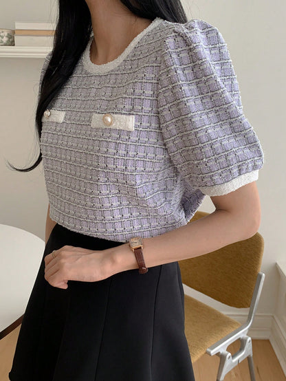 DAZY Camiseta casual de oficina para mujer de primavera/verano, tops lindos a cuadros