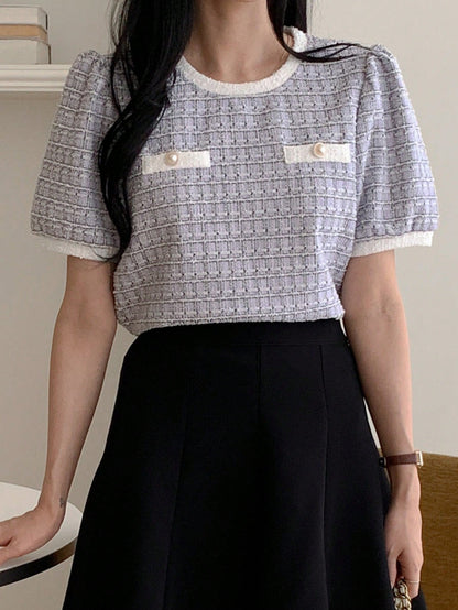 DAZY Camiseta casual de oficina para mujer de primavera/verano, tops lindos a cuadros