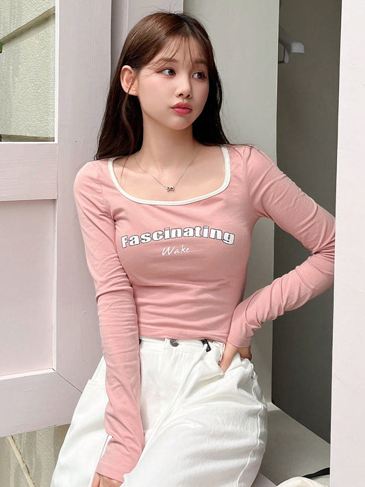 DAZY Camiseta corta de mujer con estampado de letras, para primavera y otoño, de uso casual