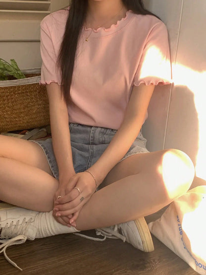 DAZY Camiseta de manga corta con cuello de volantes de unicolor, estilo preppy de verano para mujer