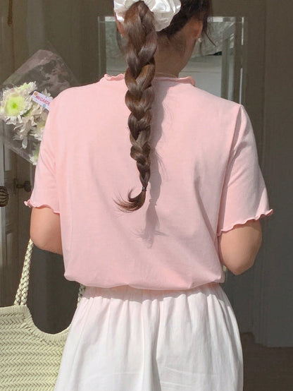 DAZY Camiseta de manga corta con cuello de volantes de unicolor, estilo preppy de verano para mujer