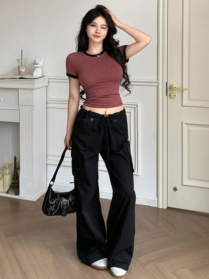 DAZY Camiseta de manga corta de rayas de ajuste ceñido para mujer, ropa de vuelta al colegio