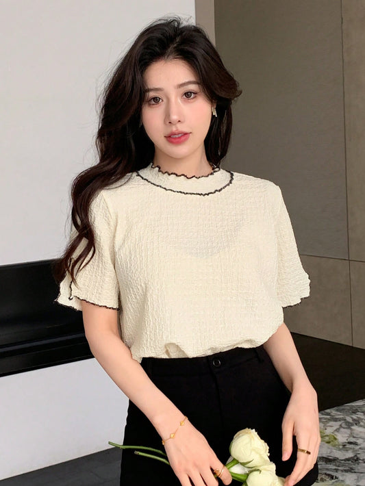 DAZY Camiseta de manga corta oversize con costuras decorativas de colores y texturas en contraste, ideal para el verano