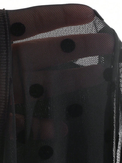 DAZY Camiseta de manga corta y ajustada con cuello redondo, contraste de malla con lunares, para usar en verano