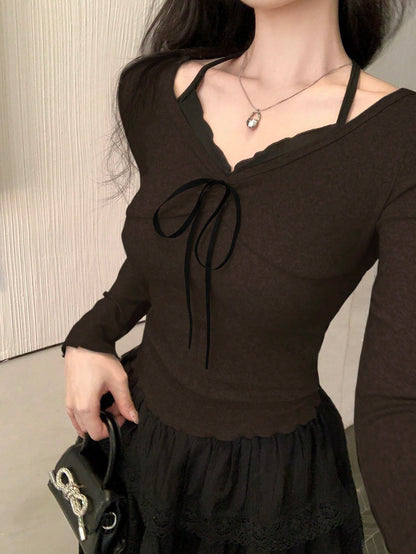 DAZY Camiseta de manga larga casual simple con lazo, ropa de otoño para mujer