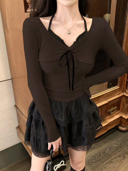 DAZY Camiseta de manga larga casual simple con lazo, ropa de otoño para mujer