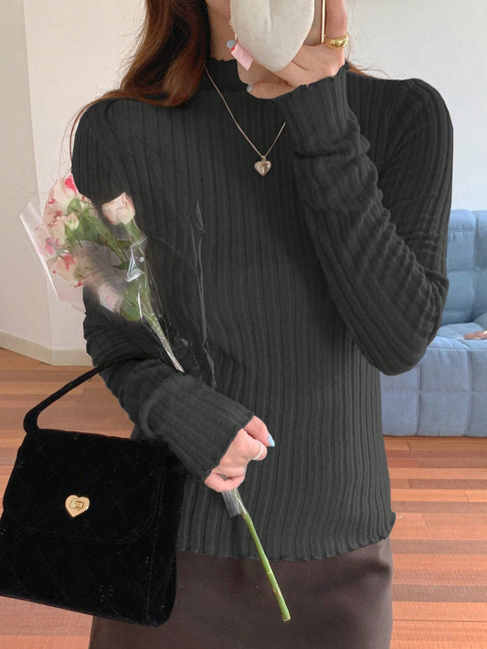 DAZY Camiseta de manga larga con cuello alto ajustada de unicolor para mujer, casual y de moda para uso diario