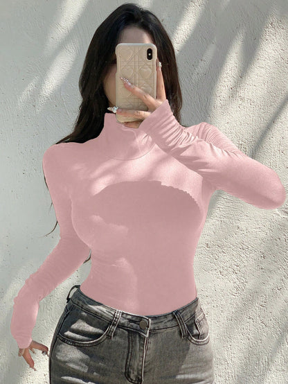 DAZY Camiseta de manga larga con cuello alto, de ajuste ceñido y color liso, para mujer
