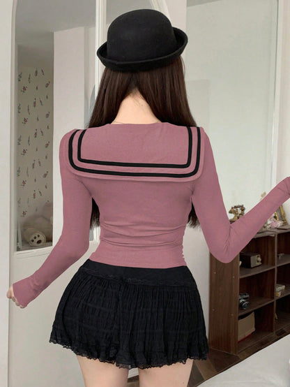 DAZY Camiseta de manga larga con cuello en V y decoración de lazo para mujer, ropa de otoño