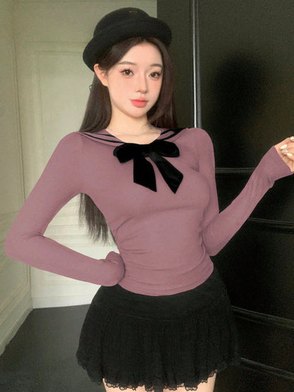 DAZY Camiseta de manga larga con cuello en V y decoración de lazo para mujer, ropa de otoño