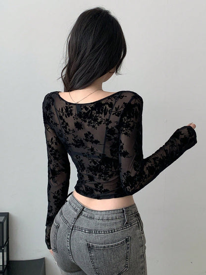 DAZY Camiseta de manga larga con estampado floral de terciopelo y malla para mujer, ropa de primavera/verano y otoño