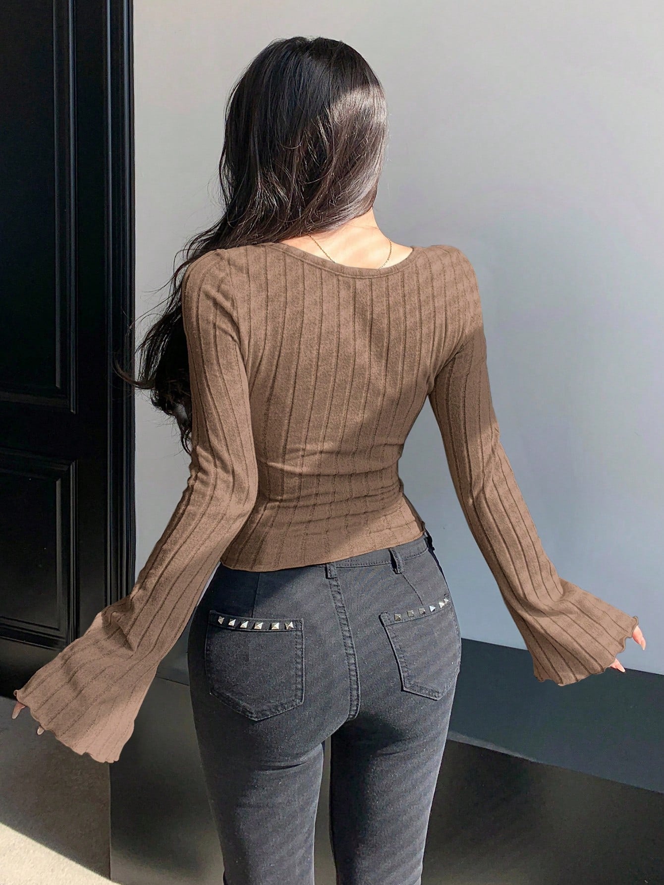 DAZY Camiseta de manga larga de ajuste slim de unicolor, primavera/otoño
