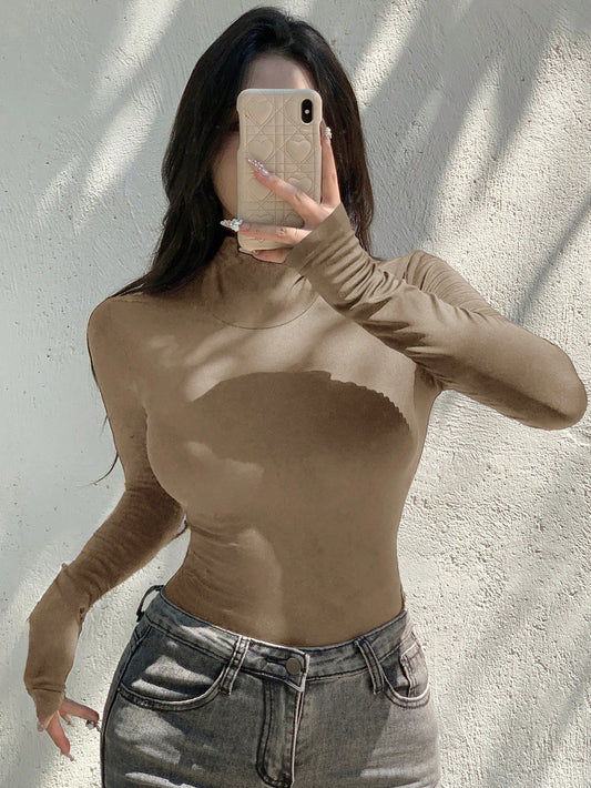 DAZY Camiseta de manga larga de cuello alto, ropa deportiva cómoda y casual de corte ajustado para mujer, para primavera y otoño