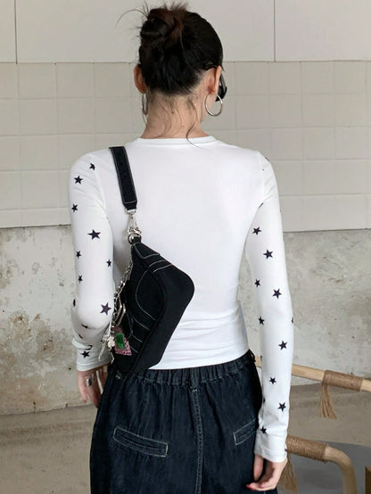 DAZY Camiseta de manga larga de cuello redondo ajustada con estampado de estrellas para mujer, primavera/otoño, estilo Y2k