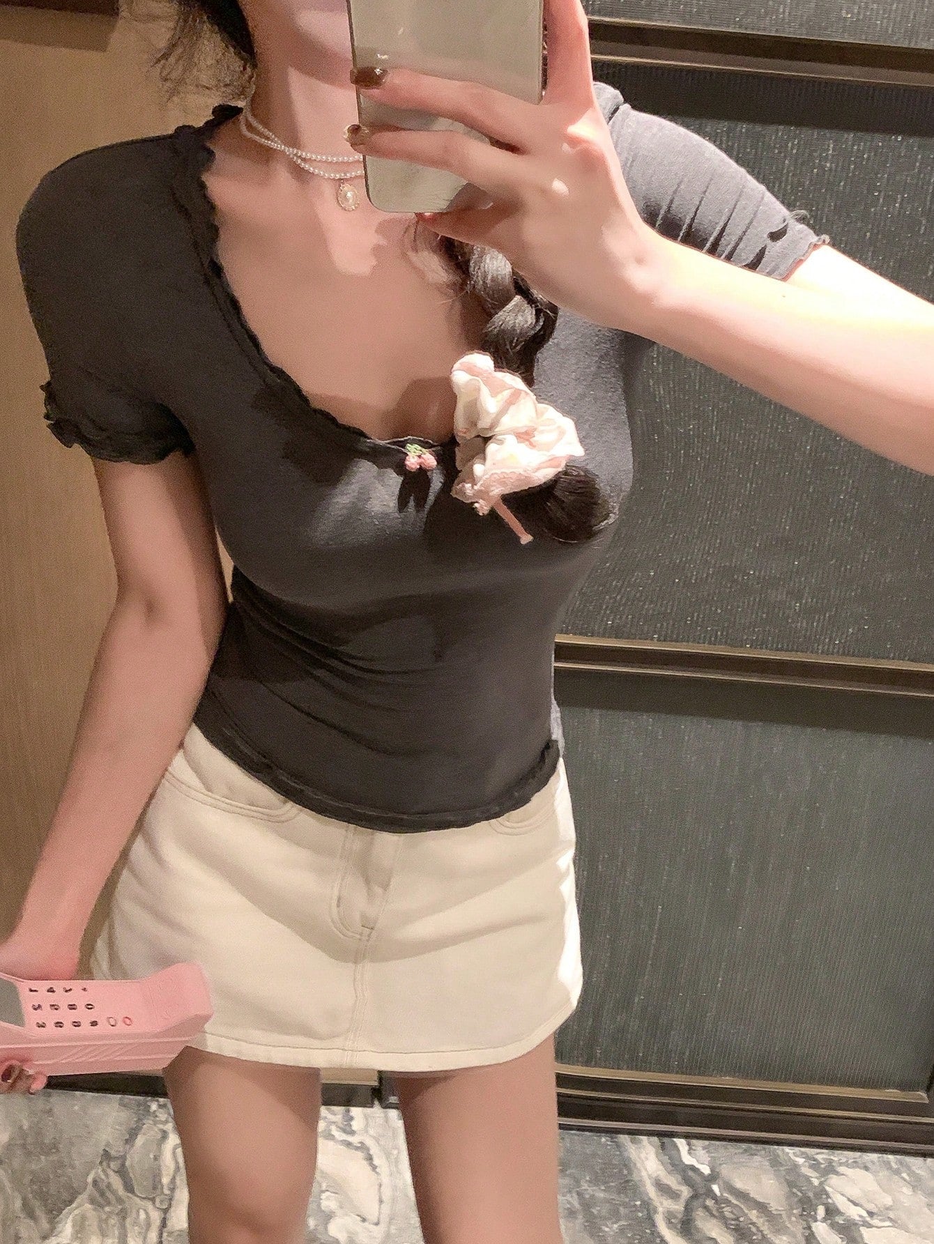 DAZY Camiseta de mujer con cuello redondo, capa doble de volantes y gráfico de cerezas