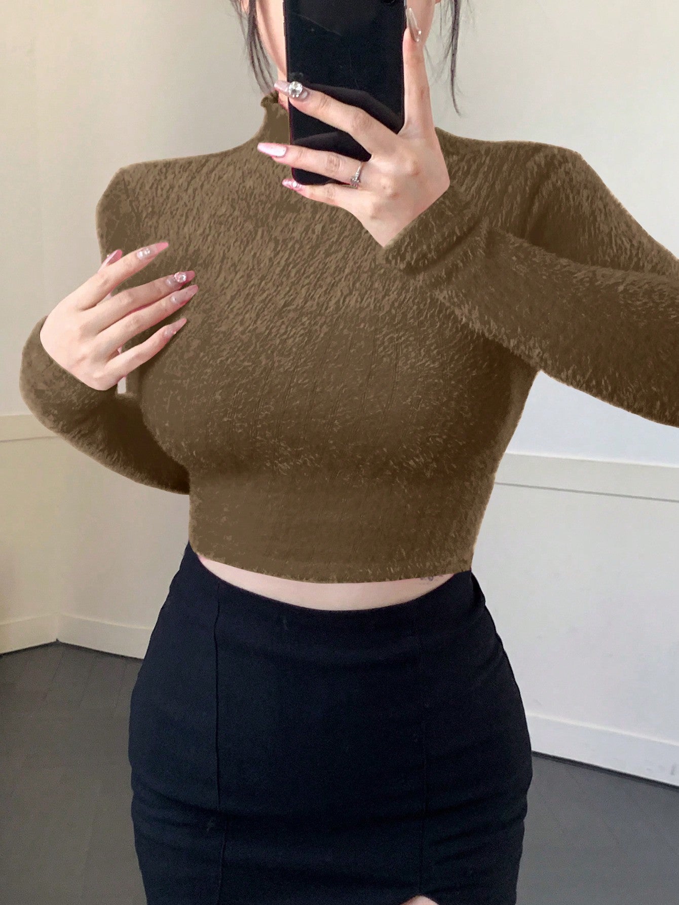 DAZY Camiseta de mujer de ajuste ceñido de color liso, cuello alto, cálida, para otoño/invierno