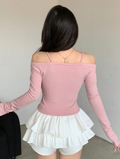 DAZY Camiseta elegante de mujer con parches de encaje y lazo