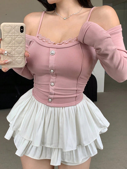 DAZY Camiseta elegante de mujer con parches de encaje y lazo