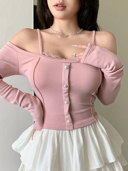 DAZY Camiseta elegante de mujer con parches de encaje y lazo