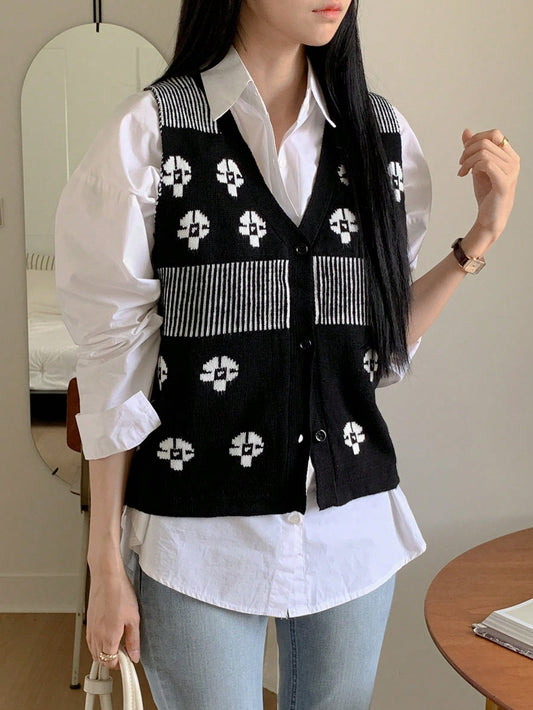 DAZY Chaleco de mujer ajustado de punto jacquard con estampado floral, sin mangas y cuello en V, color negro