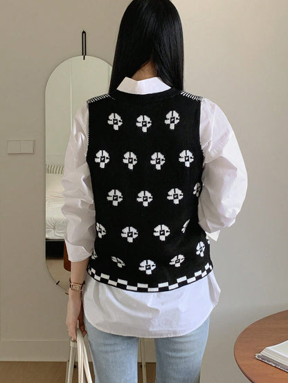 DAZY Chaleco de mujer ajustado de punto jacquard con estampado floral, sin mangas y cuello en V, color negro