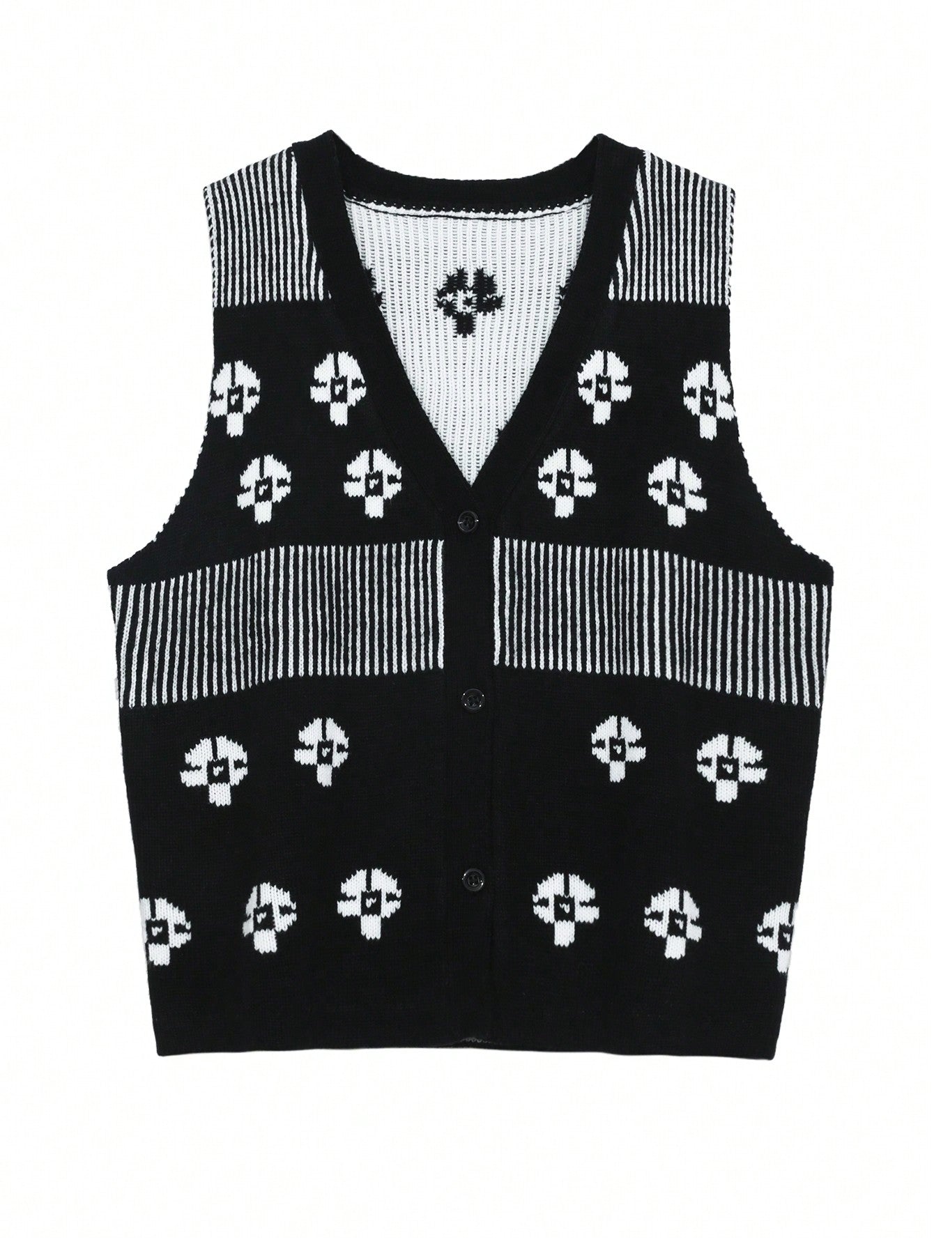 DAZY Chaleco de mujer ajustado de punto jacquard con estampado floral, sin mangas y cuello en V, color negro
