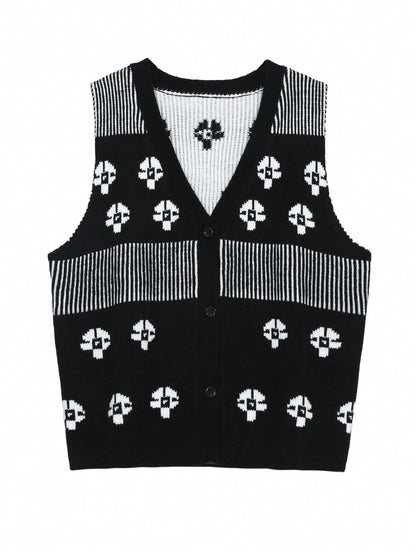 DAZY Chaleco de mujer ajustado de punto jacquard con estampado floral, sin mangas y cuello en V, color negro