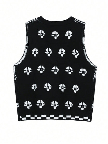 DAZY Chaleco de mujer ajustado de punto jacquard con estampado floral, sin mangas y cuello en V, color negro
