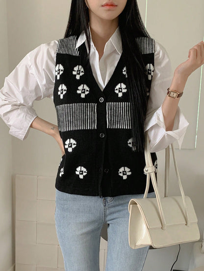 DAZY Chaleco de mujer ajustado de punto jacquard con estampado floral, sin mangas y cuello en V, color negro