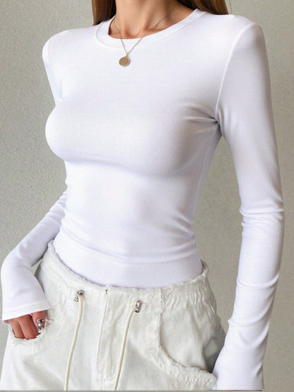 DAZY Nueva camiseta slim fit de unicolor para mujer, otoño
