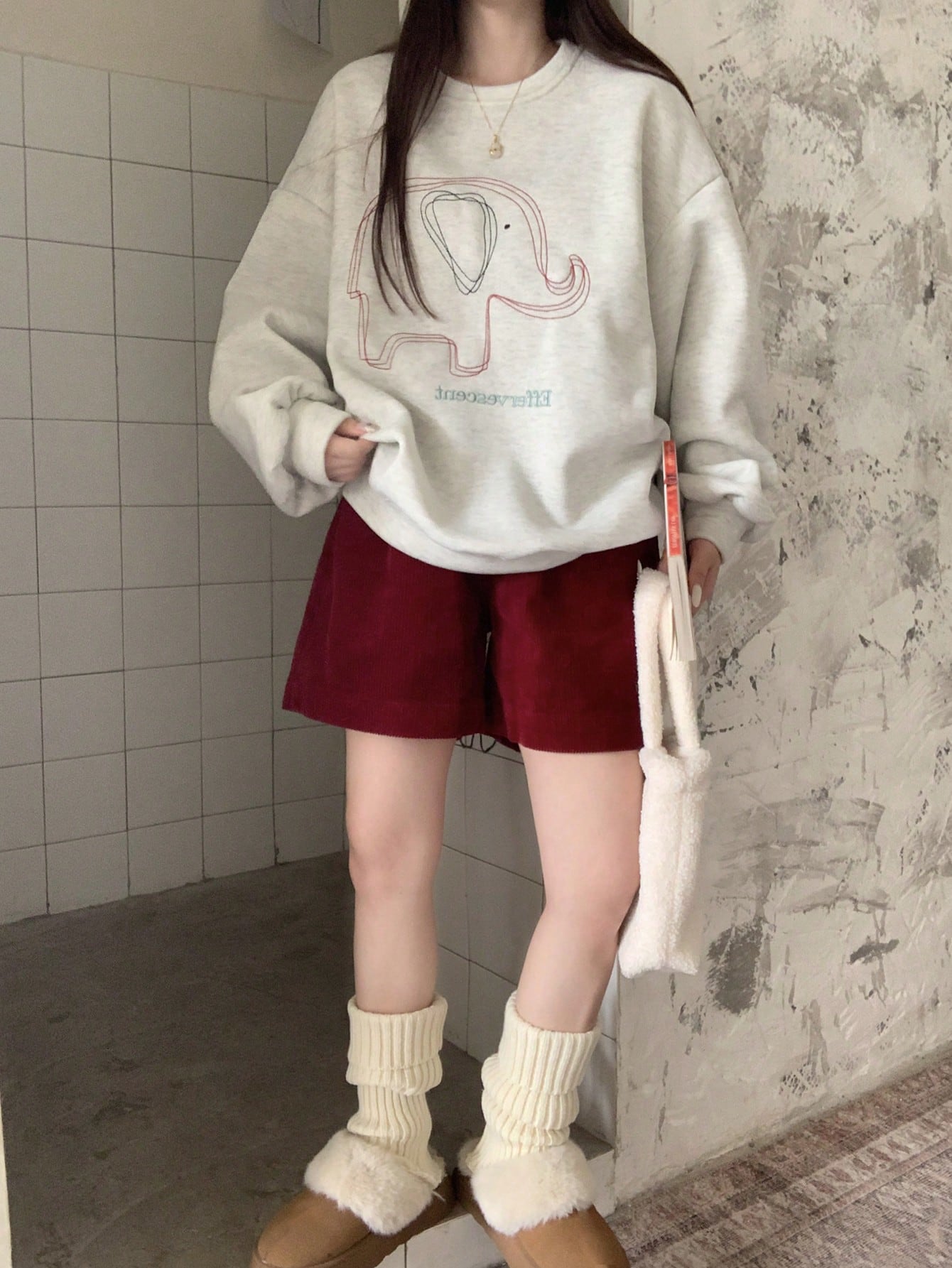DAZY Sudadera holgada de felpa con bordado de elefante y letra, para uso casual diario de mujeres, otoño/invierno