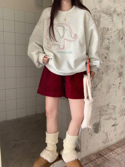 DAZY Sudadera holgada de felpa con bordado de elefante y letra, para uso casual diario de mujeres, otoño/invierno