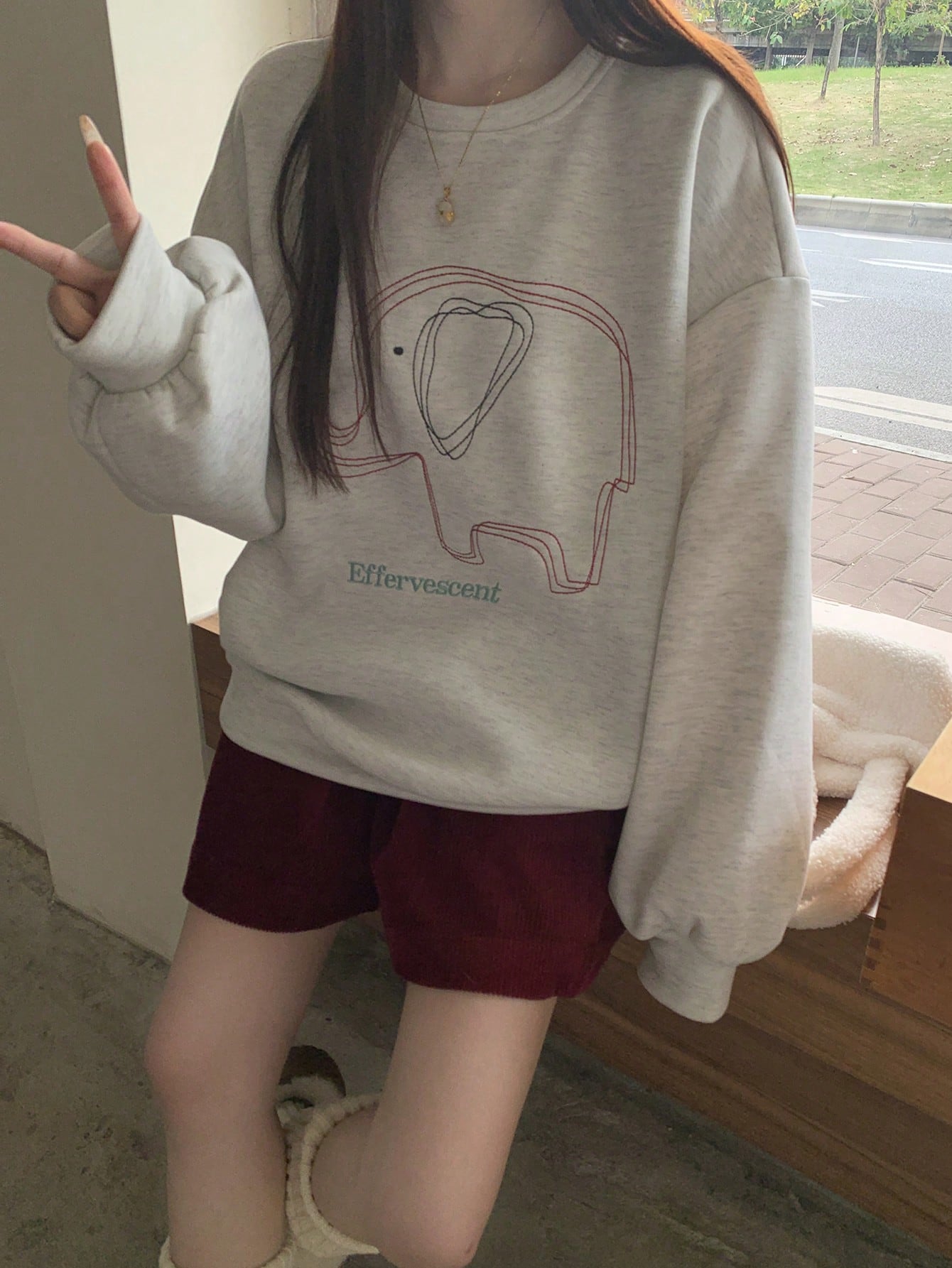 DAZY Sudadera holgada de felpa con bordado de elefante y letra, para uso casual diario de mujeres, otoño/invierno