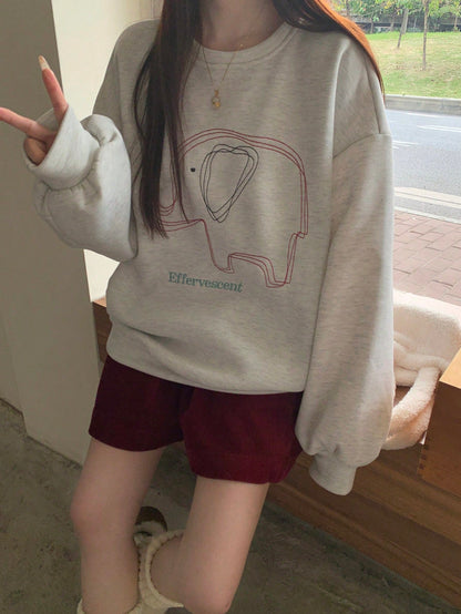 DAZY Sudadera holgada de felpa con bordado de elefante y letra, para uso casual diario de mujeres, otoño/invierno
