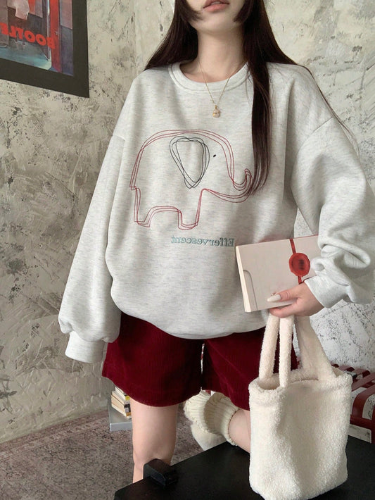 DAZY Sudadera holgada de felpa con bordado de elefante y letra, para uso casual diario de mujeres, otoño/invierno