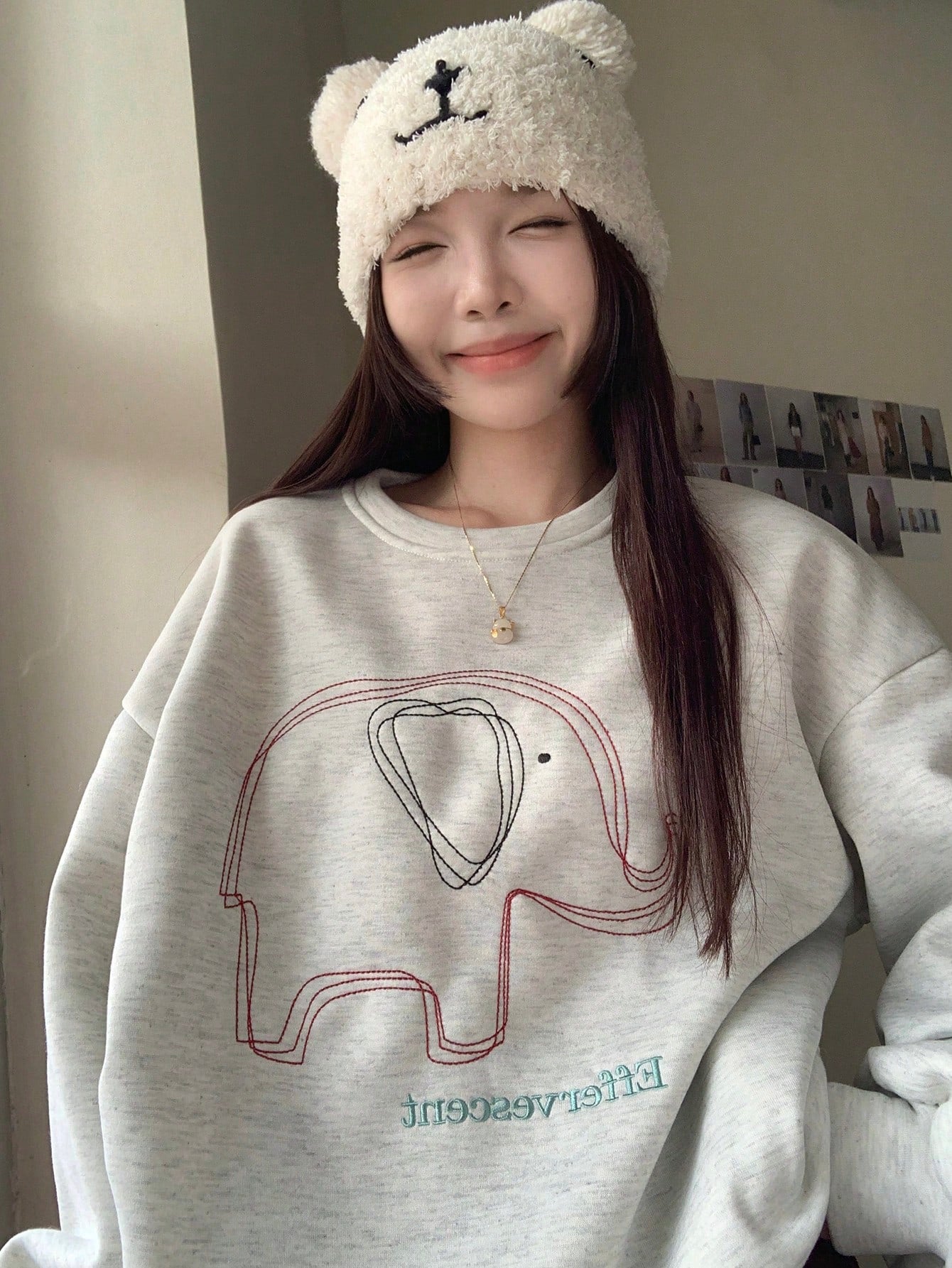 DAZY Sudadera holgada de felpa con bordado de elefante y letra, para uso casual diario de mujeres, otoño/invierno