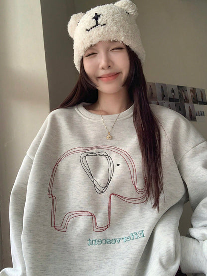 DAZY Sudadera holgada de felpa con bordado de elefante y letra, para uso casual diario de mujeres, otoño/invierno