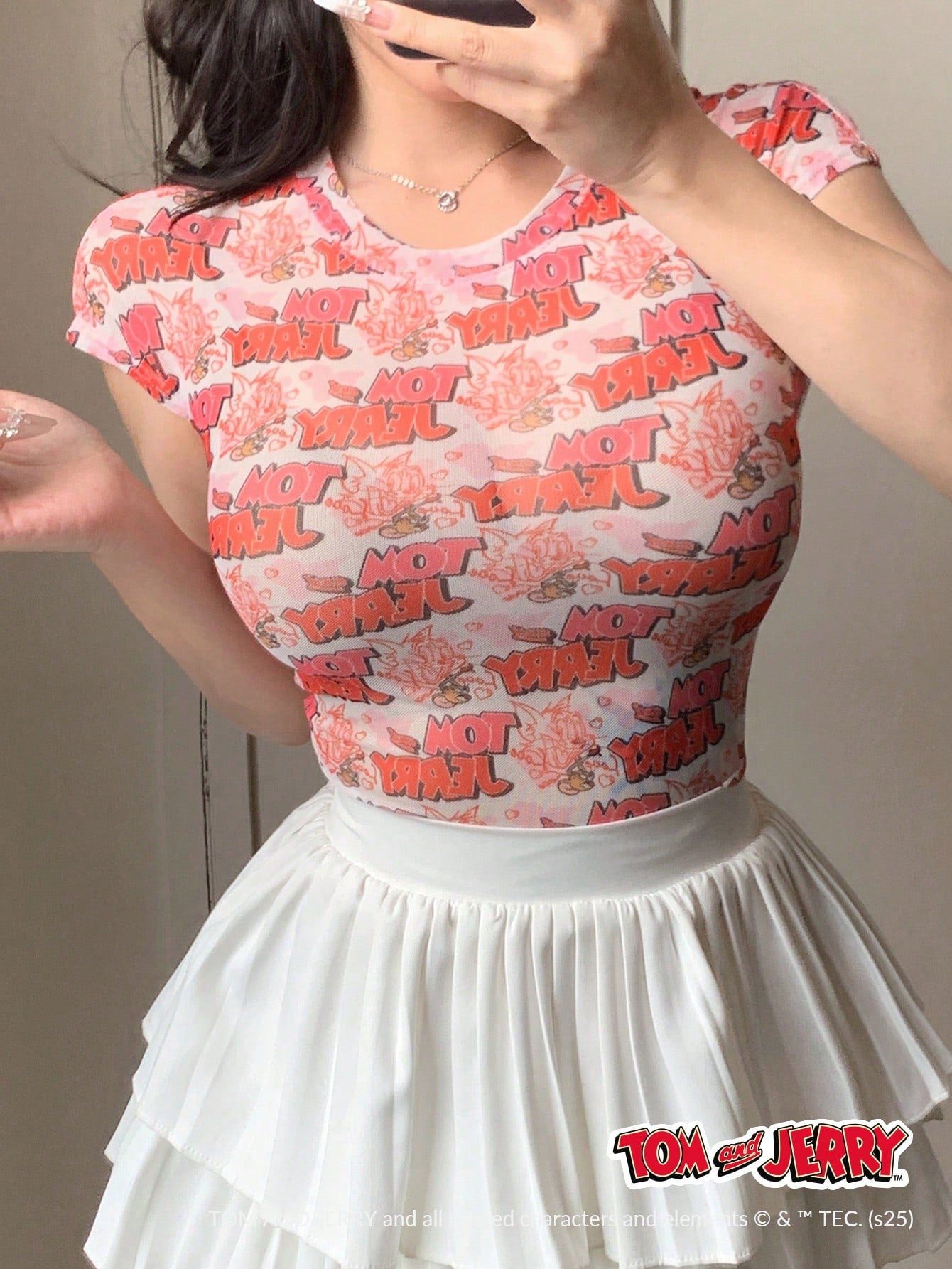 DAZY TOM AND JERRY X DAZY Blusa de mujer de manga corta con cuello redondo de malla transparente