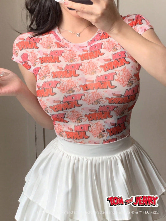 DAZY TOM AND JERRY X DAZY Blusa de mujer de manga corta con cuello redondo de malla transparente