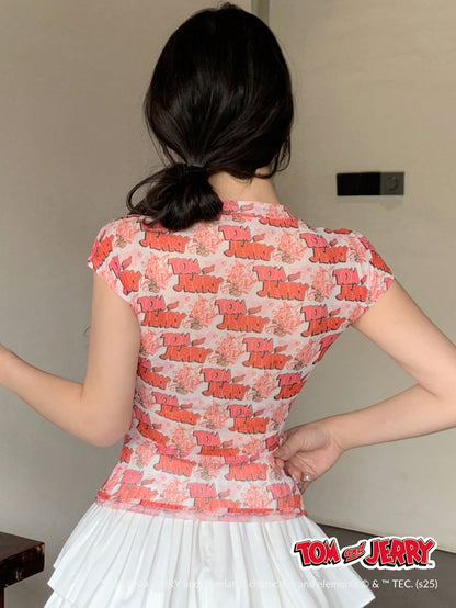 DAZY TOM AND JERRY X DAZY Blusa de mujer de manga corta con cuello redondo de malla transparente
