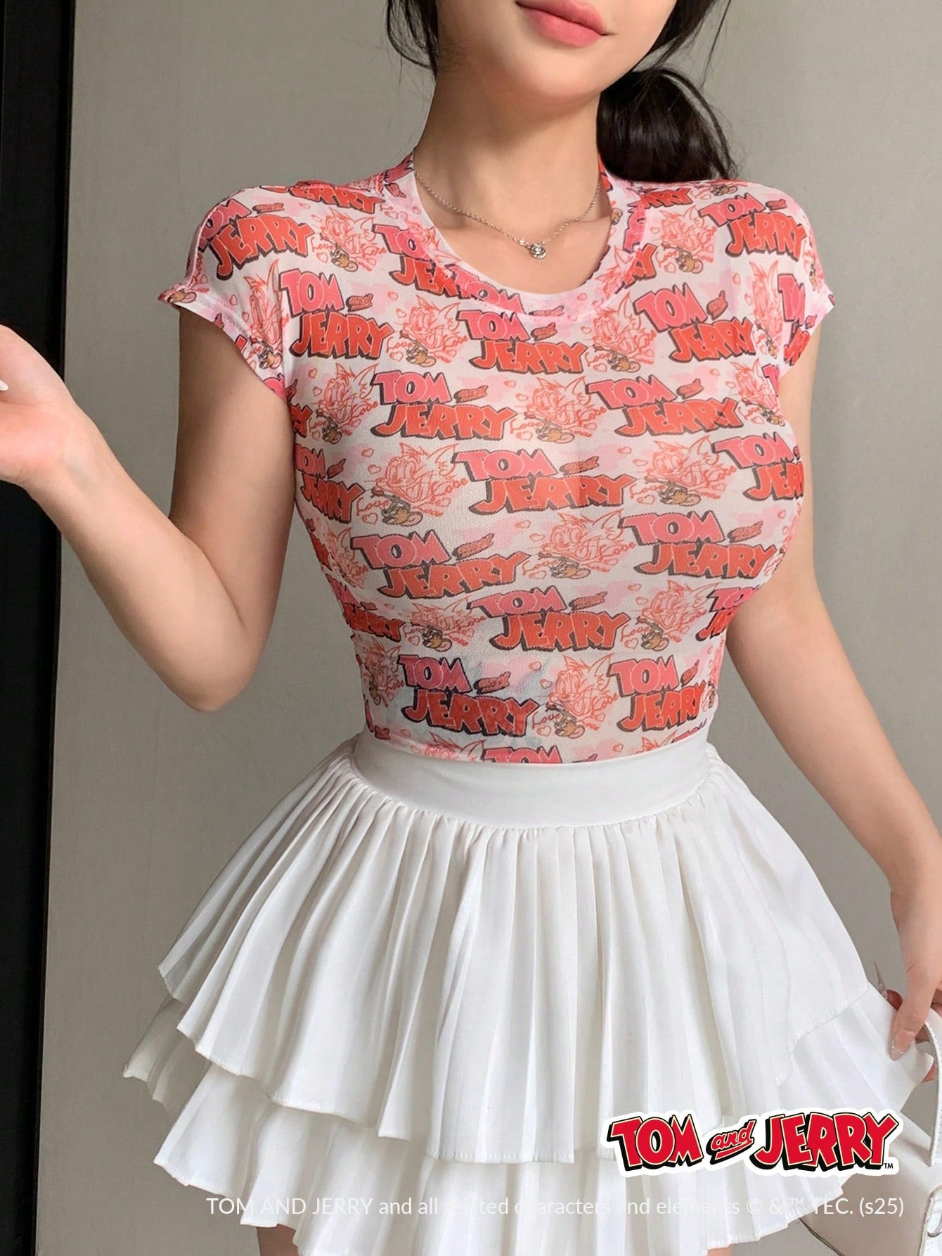 DAZY TOM AND JERRY X DAZY Blusa de mujer de manga corta con cuello redondo de malla transparente