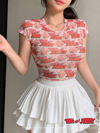 DAZY TOM AND JERRY X DAZY Blusa de mujer de manga corta con cuello redondo de malla transparente